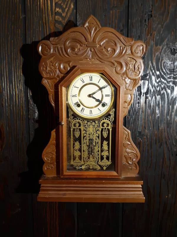 lot 16108 image: Carved Wood Case Pendulum Chiming Clock w Key