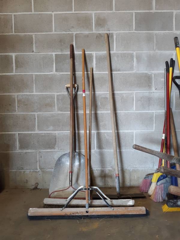 lot 5377 image: Assorted Brooms, Shovel, And Rake