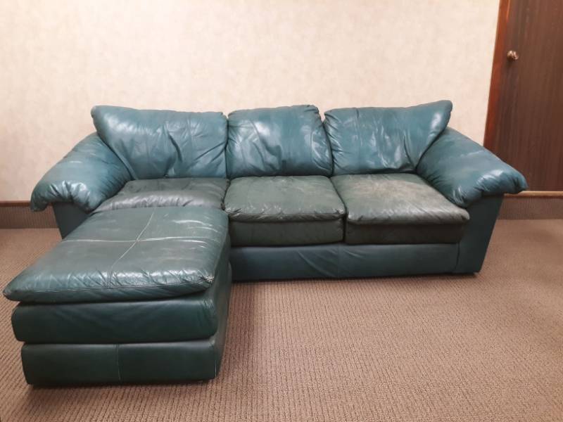lot 9856 image: Turquoise Leather Couch And Ottoman