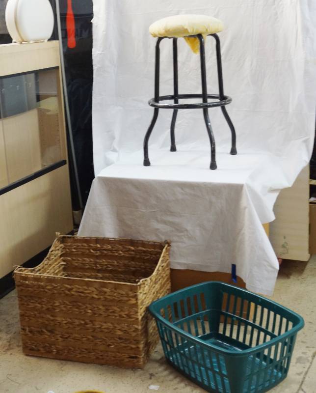 lot 6448 image: Lot of Misc. Home Decor - Basket, Stool and More