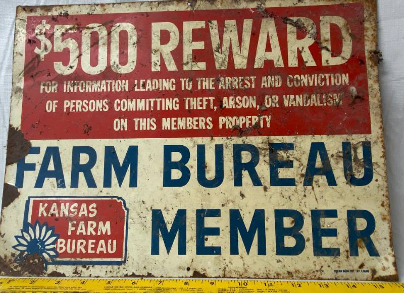lot 4144 image: Metal Sign - Farm Bureau $500 REWARD - Bid Now