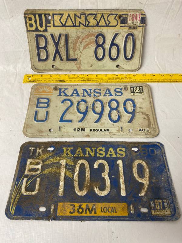 lot 4157 image: 3 Vintage - 1980 - 1988 - 1994 - Kansas - Butler County - Metal License Plates