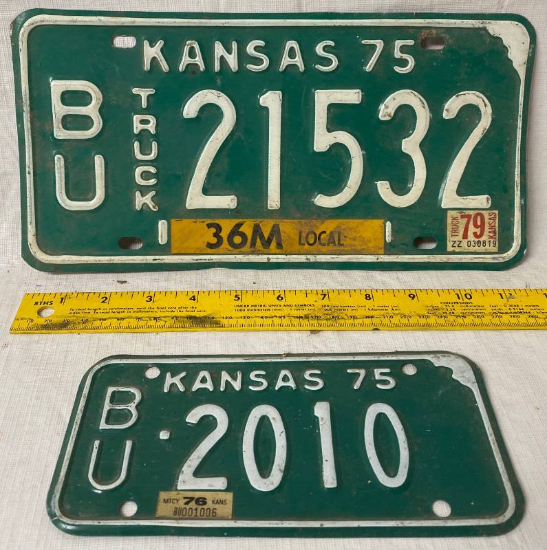 lot 4155 image: 2 Vintage - 1975 - Kansas - Butler County - Metal License Plates - One Plate is Smaller - Truck & Cycle