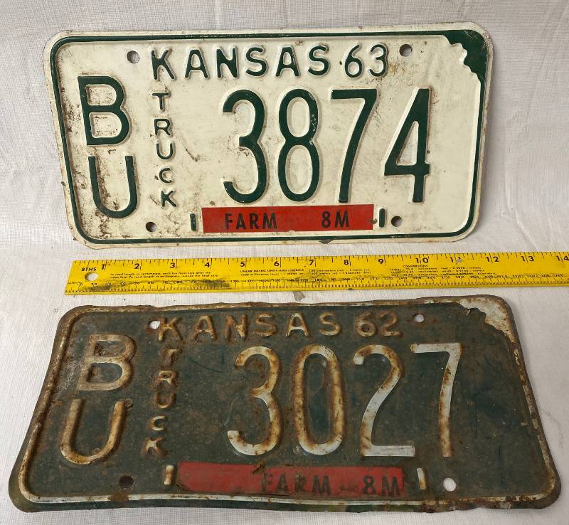 lot 4165 image: 2 Vintage - 1962 - 1963 - Kansas - Butler County - Metal License Plates