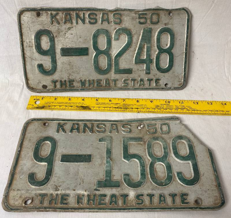 lot 4169 image: 2 Vintage - 1950 - Kansas - The Wheat State - Metal License Plate