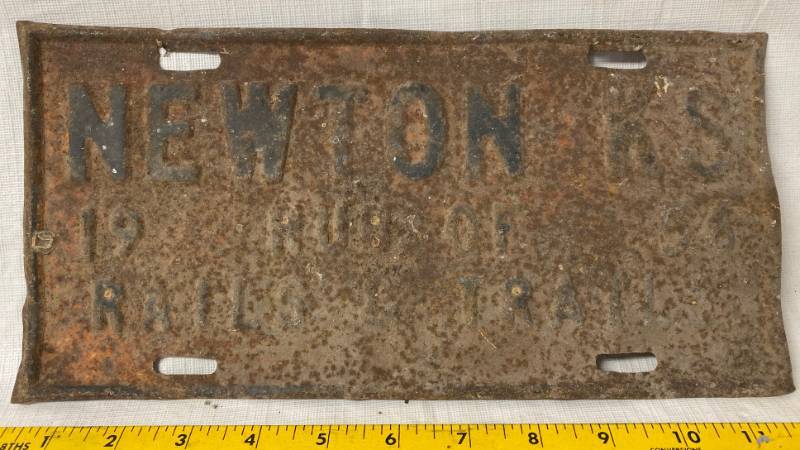 lot 4171 image: Vintage - 1956 - NEWTON Kansas - Rails & Trails - Metal License Plate