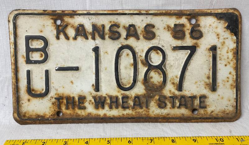 lot 4174 image: Vintage - 1956 - Kansas - Butler County - Metal License Plate - The Wheat State