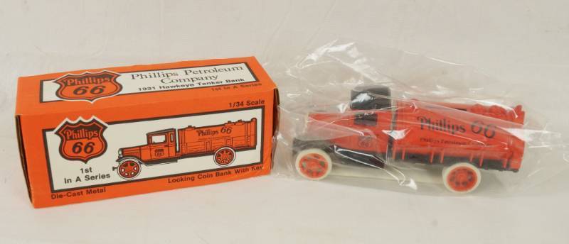 lot 6074 image: ERTL - Truck Coin Bank - Phillips 66 Petroleum Company - 134 scale 1931 Hawkeye Tanker w KEY - NEW IN BOX 0461