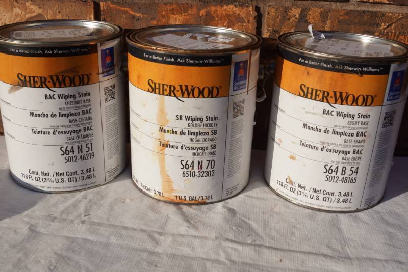 lot 4217 image: 3 Gallon Cans of Sherwin Williams Sher-Wood Wiping Stain - Some Tinted and Some New Product - MISTINT PAINT SALE