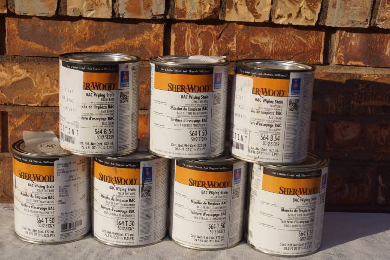 lot 4230 image: 7 Cans of Sherwin Williams - Sher-Wood Wiping Stain - Some Tinted and Some New Product - MISTINT PAINT SALE
