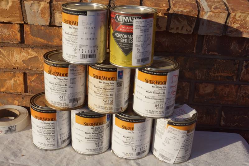 lot 4231 image: 9 Cans of Sherwin Williams - Sher-Wood Wiping Stain & 1 Minwax Stain - Some Tinted and Some New Product - MISTINT PAINT SALE