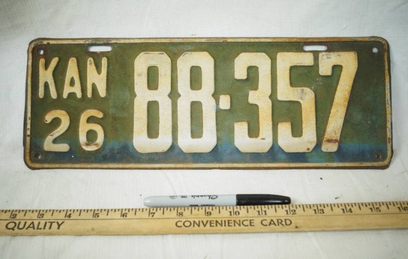 lot 1403 image: Vintage Heavy 1926 Kansas License Plate -  Very Cool Find