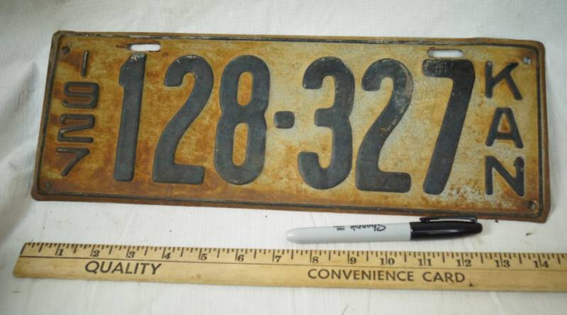 lot 1404 image: Vintage Heavy 1927 Kansas License Plate -  Very Cool Find