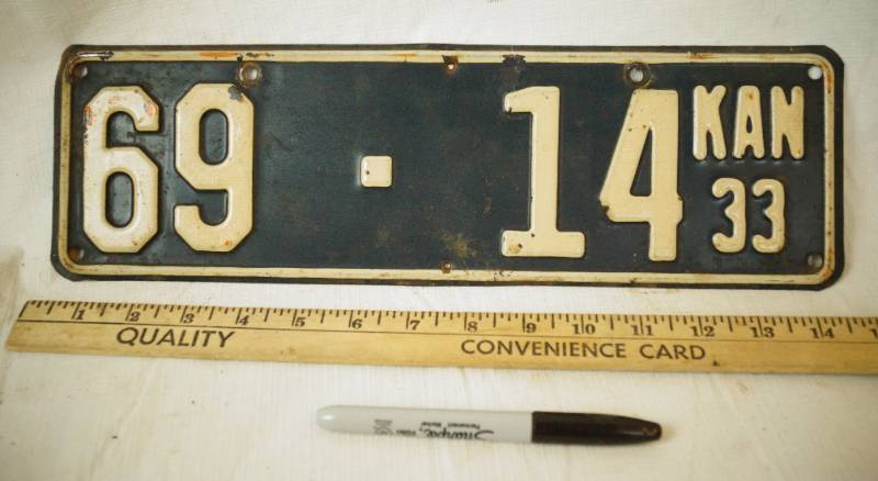 lot 1410 image: Vintage Heavy 1933 Kansas License Plate -  Very Cool Find