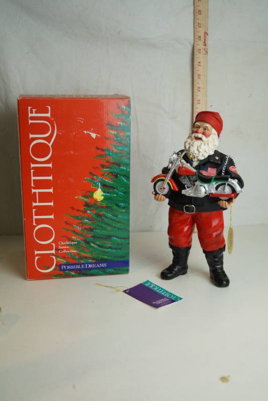 lot 3235 image: Clothtique Santa by Possible Dreams - MOTORCYCLE SANTA - 713229 Santas Toy w original box & tags
