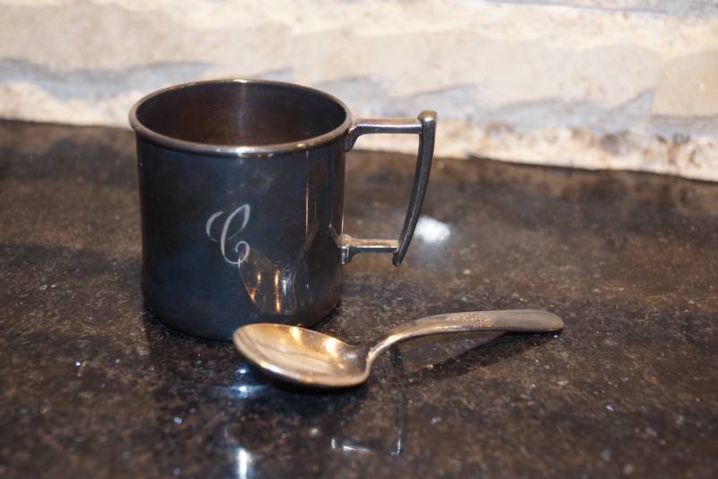 lot 3299 image: Vintage Baby Cup and Spoon - silver or silver plate - so cute