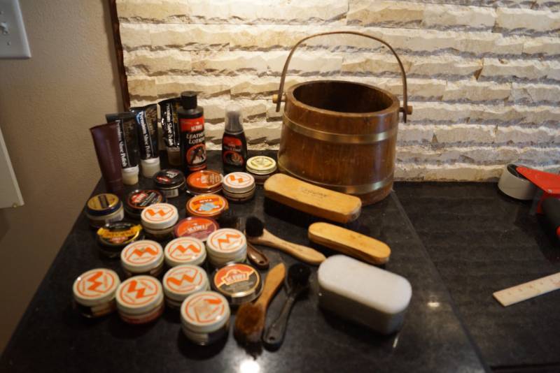 lot 3304 image: Vintage Wooden Bucket and a Lot of Misc. Shoe Polish and Accessories