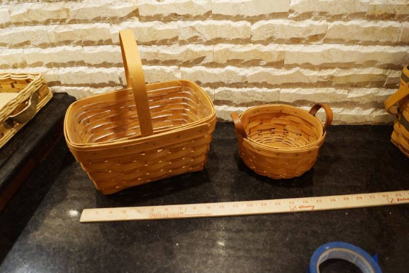 lot 3320 image: Lot of 2 Longaberger Baskets w Leather Handles Rectangle One has plastic insert liner