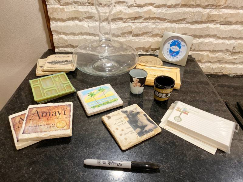 lot 3340 image: Large Cool Glass Flask - and lot of Drink Coasters Decorative and Advertising WOW
