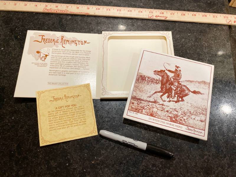 lot 3351 image: Frederic Remington ARTILE - Art Tile Trivet Backed with Cork - Pristine Condition with Original Box and papers