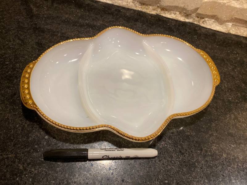 lot 3355 image: Beautiful FIRE-KING Sectioned Serving Tray - Milk Glass with Gold Trim - GORGEOUS