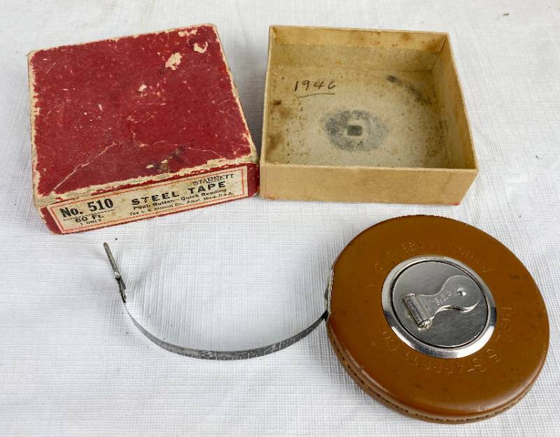 lot 3373 image: Vintage Steel Tape Measure - L.S. Starrett Co - 50 foot - No, 510 woriginal box - Works