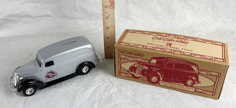 lot 3384 image: STURGIS 1999 ERTL Collectible - 1938 Chevy Panel Truck  - Die Cast Metal Bank - new in orig box
