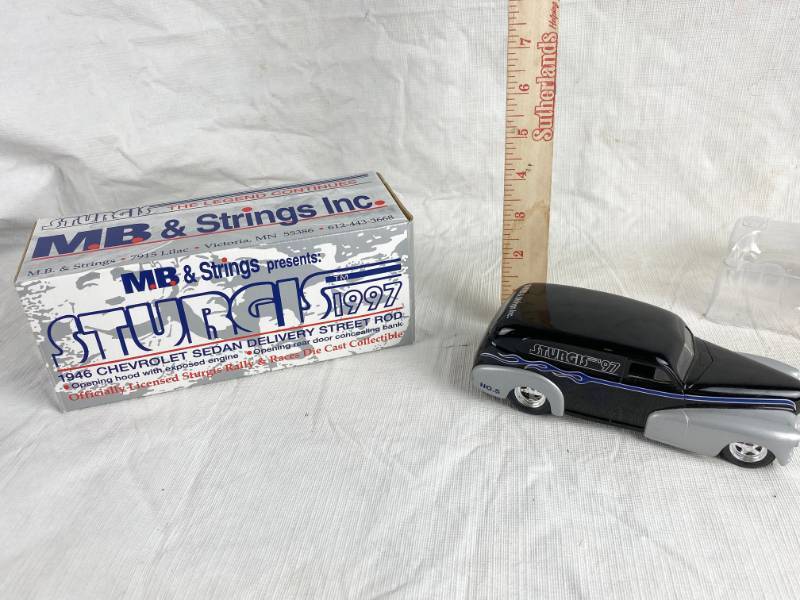 lot 3386 image: STURGIS 1997 Die Cast Metal Coin Bank - 1946 Chevrolet Sedan Delivery Street Rod -  w original Box Perfect
