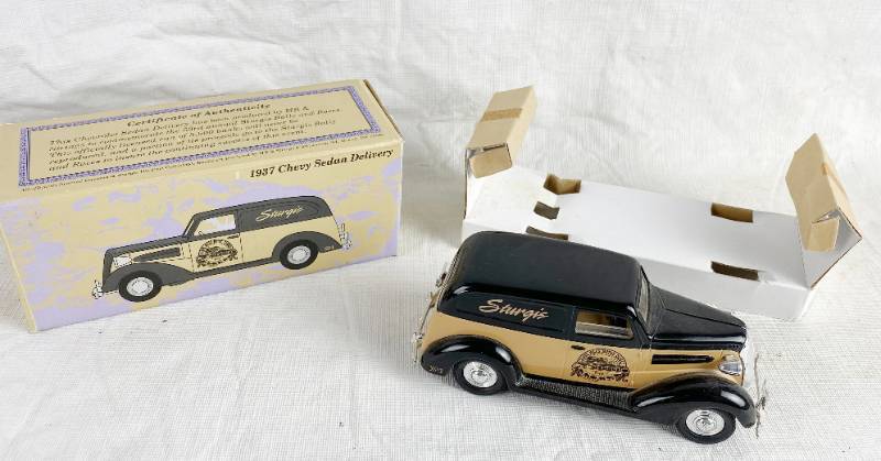 lot 3387 image: STURGIS 1993 ERTL Collectible - 1937 Chevy Sedan Delivery - Die Cast Metal Bank - new in orig box