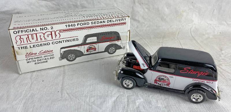 lot 3391 image: STURGIS 1994 ERTL Collectible - 1940 Ford Delivery Sedan  - MB & Strings Inc. Die Cast Metal Bank - new in orig box