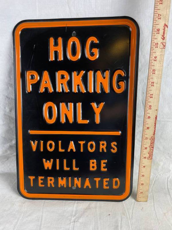 lot 3393 image: Metal Embossed letter Parking Sign - HOG Parking Only - see pics for measurements - real life size