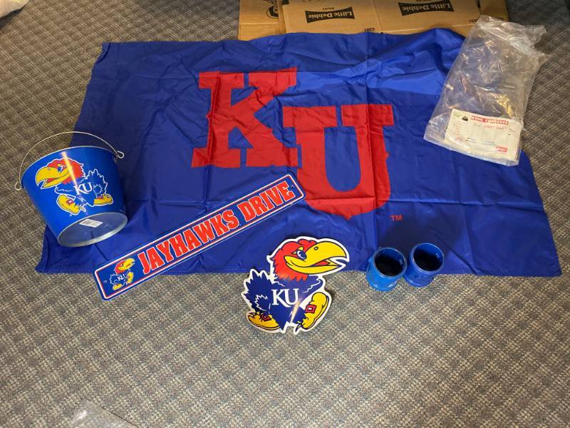 lot 3401 image: Lot of KU items - Large yard flag, Magnet, Bucket, Street Sign and Koozies GO KU