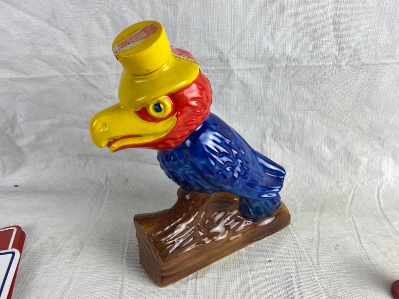 lot 3402 image: Kansas Jayhawker - KU Whiskey Decanter - EZRA BROOKS - Heritage China 1969 HC-5 WOW