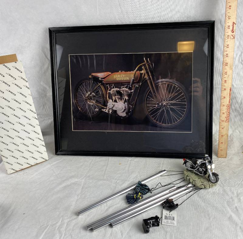 lot 3406 image: Harley Davidson Framed Print and A Motorcycle Windchime- new in box
