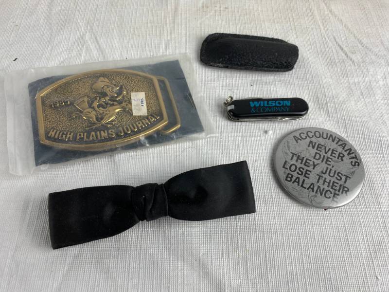 lot 3414 image: Mens Lot - Clip on Bow Tie, Brass Belt Buckle, Pocket knife
