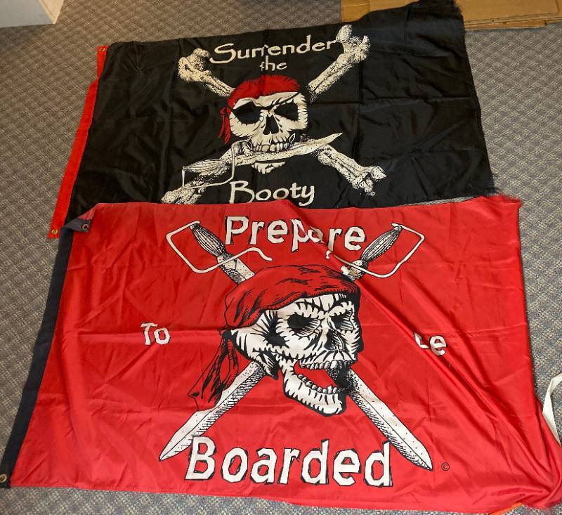 lot 3417 image: Lot of 2 Pirate Flags - worn edges - but way cool approx. 3 x 5 each
