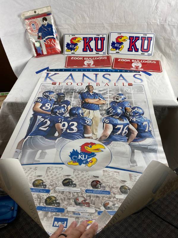 lot 3422 image: Autographed KU poster and KU Car Tags - Rain Poncho