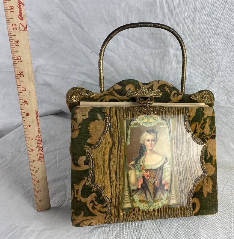 lot 3424 image: Beautiful Antique Photo Holder - Upholstery - Metal Handle on a Wood Frame - VERY RARE and very old
