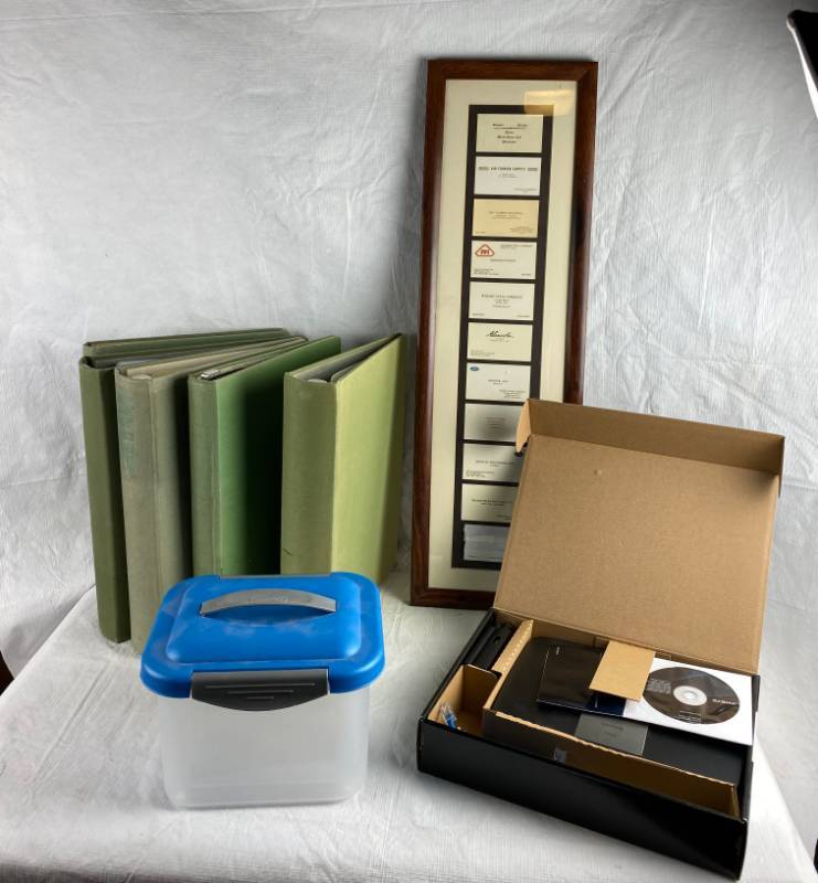 lot 3427 image: Network Router, Rubbermaid Container, Business Card Frame and Vintage Accounting Canvas Notebooks