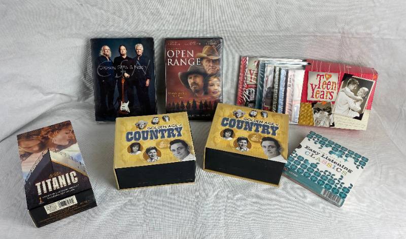 lot 3442 image: Lot of music CDs - see pics for titles - Classic Country Box Sets - Teen Love 1960s Box Set and some DVD and a VHS movie