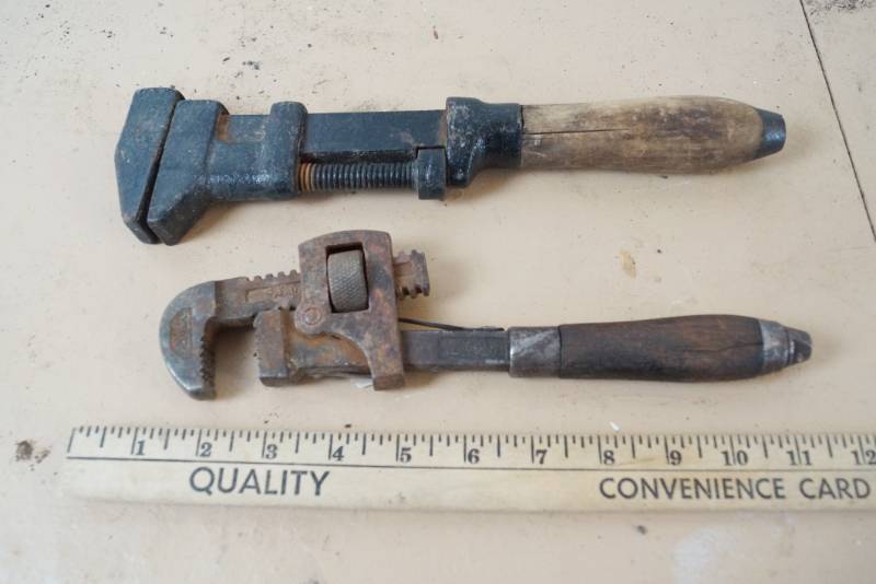 lot 1564 image: Lot of 2 Vintage Wood Handled Pip-Wrenches - Once Straight and One Angled - Neat Find