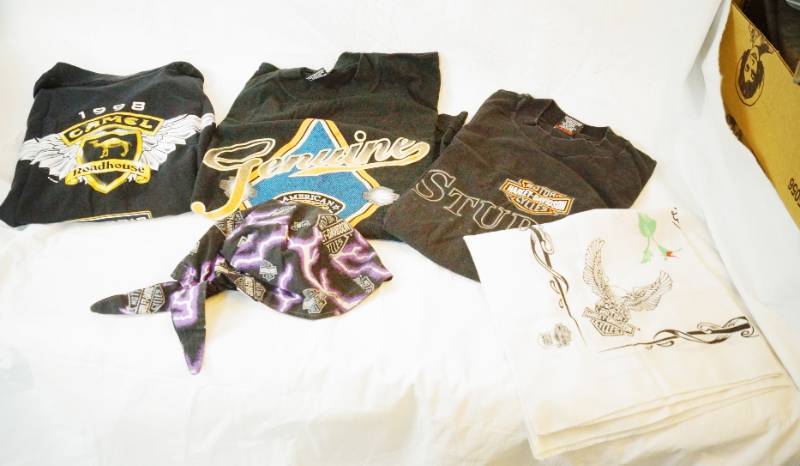 lot 1502 image: Lot of Harley Davidson T-Shirts - sized Med - w rag hat and handkerchief