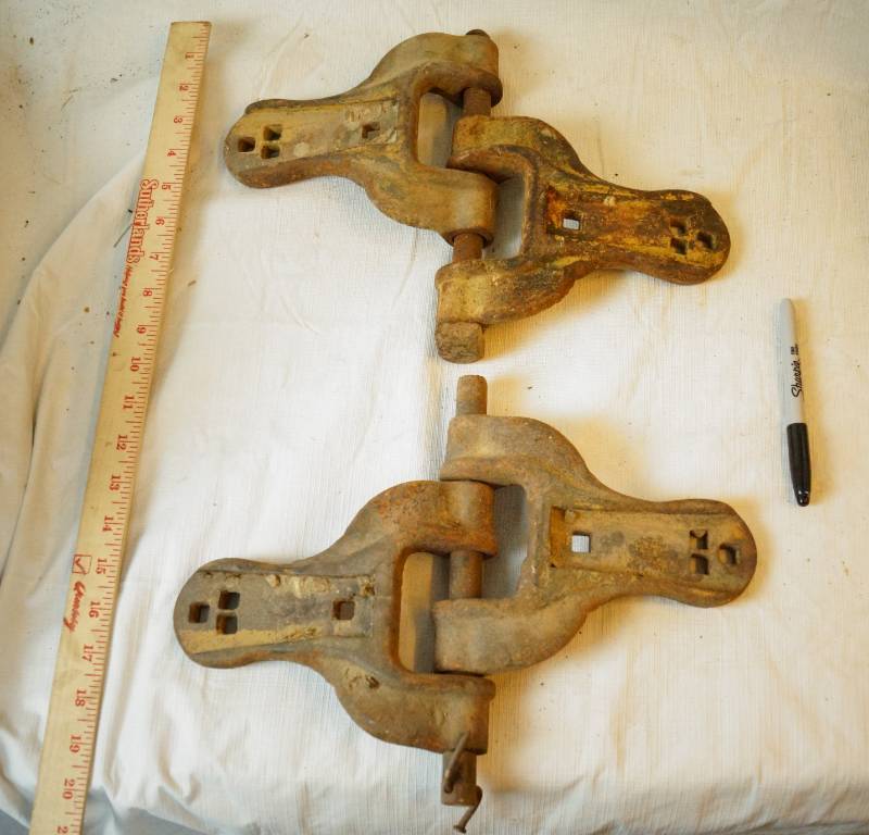 lot 1480 image: Pair of HUGE Antique Metal Hinges - Off of something BIG- see pics - these are heavy