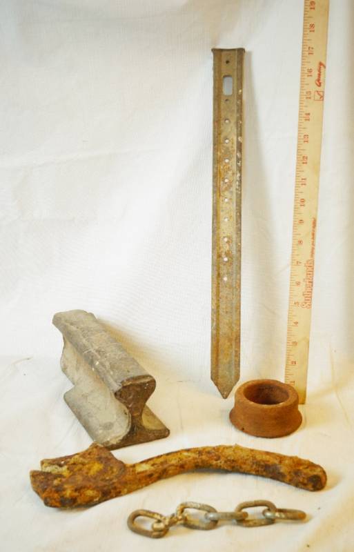 lot 1479 image: Lot of OLD Iron and Metal Items - piece of train track, old chain, wrench and more