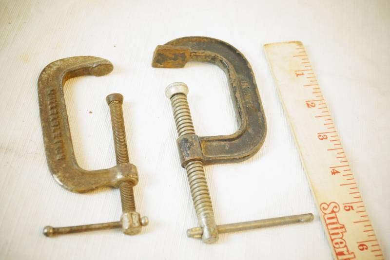 lot 1476 image: Lot of 2 Old C- Clamps - One MALLEABLE IRON & One UNBREAKABLE - See pics for sizes