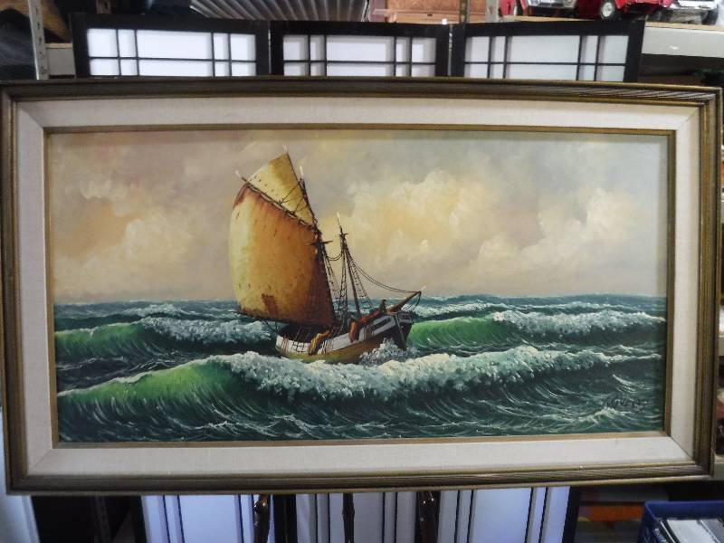 lot 7216 image: Large Sail boat on the ocean signed painting