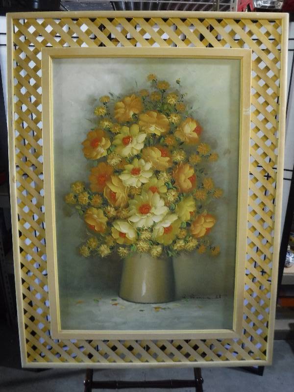 lot 7218 image: Floral painting with wood lattice frame