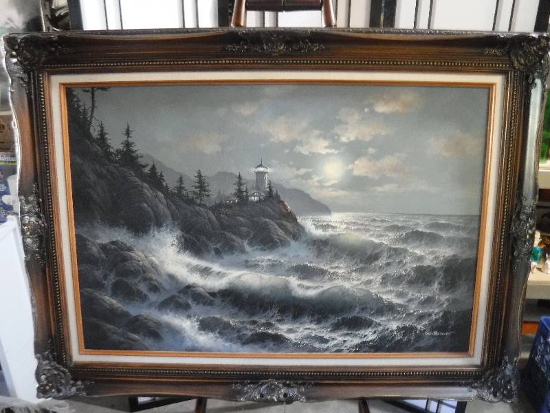 lot 7220 image: Large Light house and shore art in very fancy frame