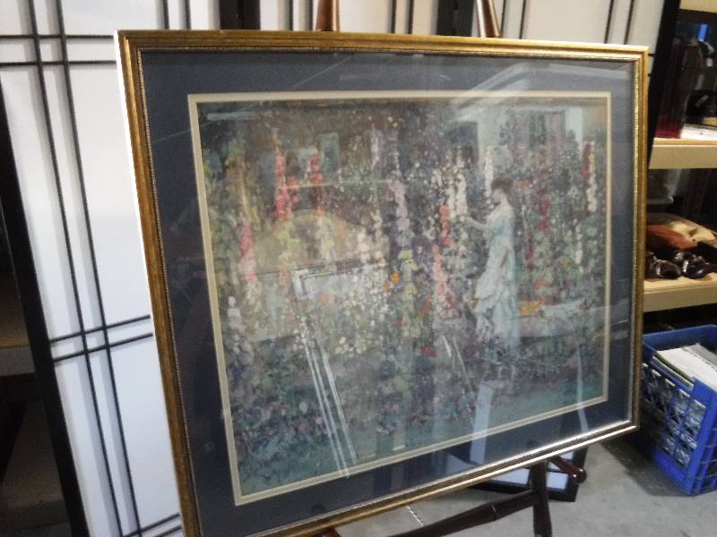 lot 7237 image: Large Framed picture of a victorian lady by holly hocks