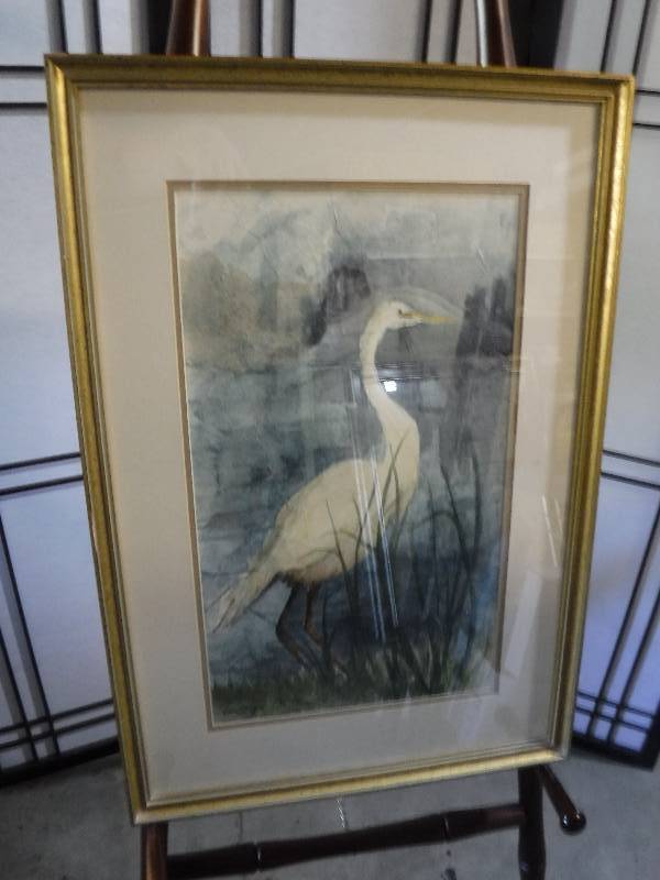 lot 7241 image: Framed print of water fowl- Egret